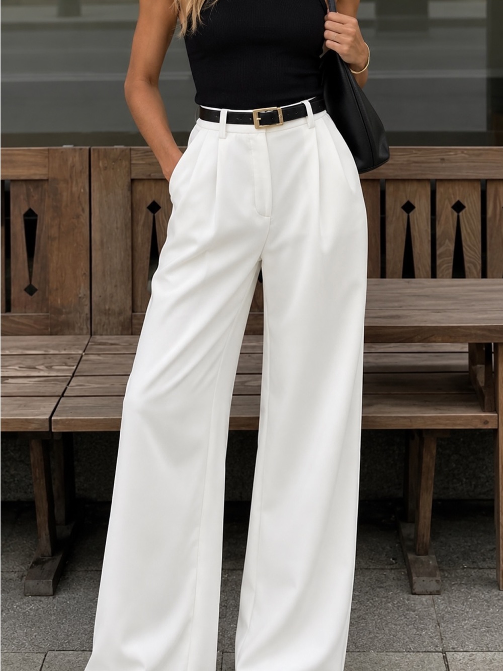 High-Waist Wide Leg Trousers in White, M